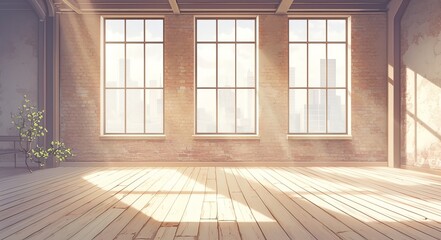 Bright, empty room with light wood floors and white brick walls, large windows offering city skyline views, ideal for showcasing flooring options.