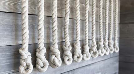 Ripped cotton ropes hanging neatly on a wooden wall in a workshop setting showcasing a rustic atmosphere