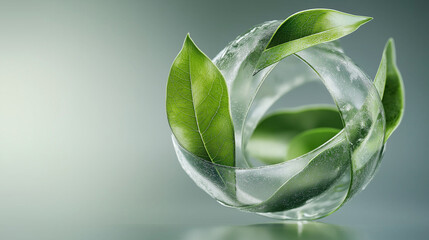 Fototapeta premium An abstract design of interlocking green leaves forming a circular symbol of sustainability.