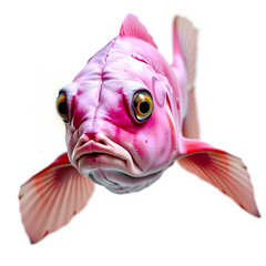 A neon pink fish with human eyes, staring eerily at the camera, isolated on a white background. The combination of vivid colors and human features creates intrigue.