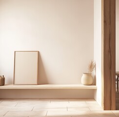 Elegant interior photograph featuring an empty wall, console table, and dining room, with light beige and white tones creating a warm and inviting atmosphere.