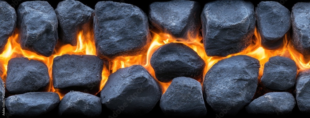 Poster close-up of glowing red-hot coals illuminated by dancing flames, showcasing a striking texture. the 