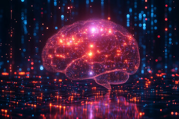 Fototapeta premium Abstract 3D holographic representation of an AI brain, glowing brightly. Bright lighting, contrast