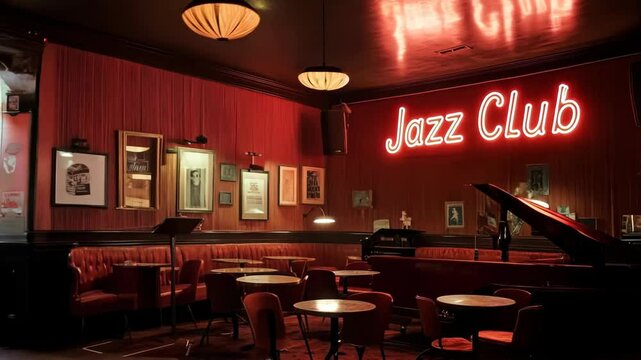 A dimly lit jazz club with a neon sign that reads "Jazz Club"