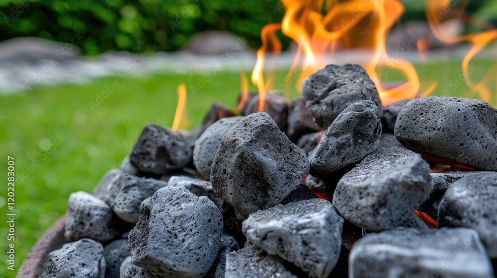 Poster red-hot flames and glowing embers rise from burning coals, creating a mesmerizing display. the backg