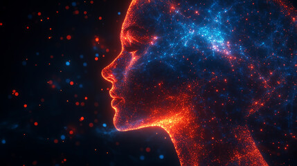 Fototapeta premium Glowing neural connections forming a human and robot silhouette, abstract and clean. Bright lighting, contrast