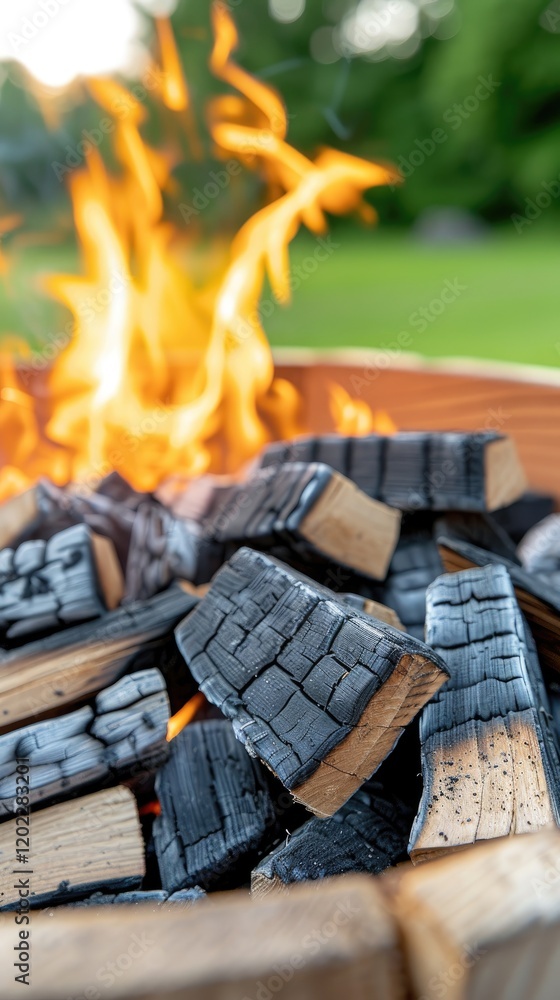 Poster intense red flames dance against a backdrop of charred wood, creating a captivating atmosphere perfe
