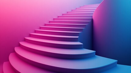 Pink and blue curved staircase ascending.