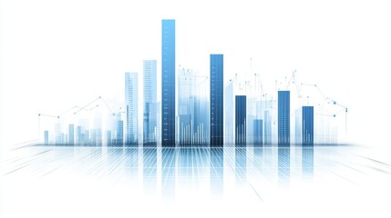 Abstract depiction of business growth with blue bar graphs and digital elements.