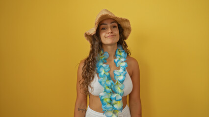 Young woman with brunette hair wearing summer hat and blue lei against a yellow background