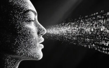 3D pixel head, black background, white and gray pixels, data flowing out of the mouth to form an AI face Generative AI