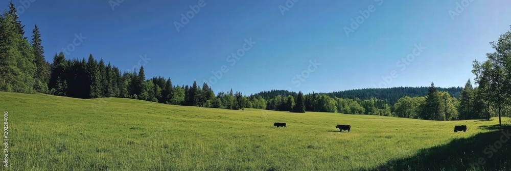 Poster cows graze peacefully in a lush green meadow surrounded by trees on a sunny day. generative ai