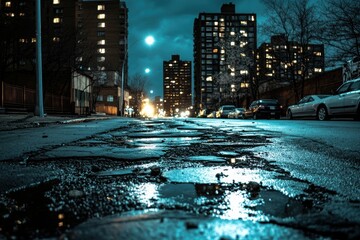 Obraz premium Pothole-Riddled Street Under Low Light Conditions