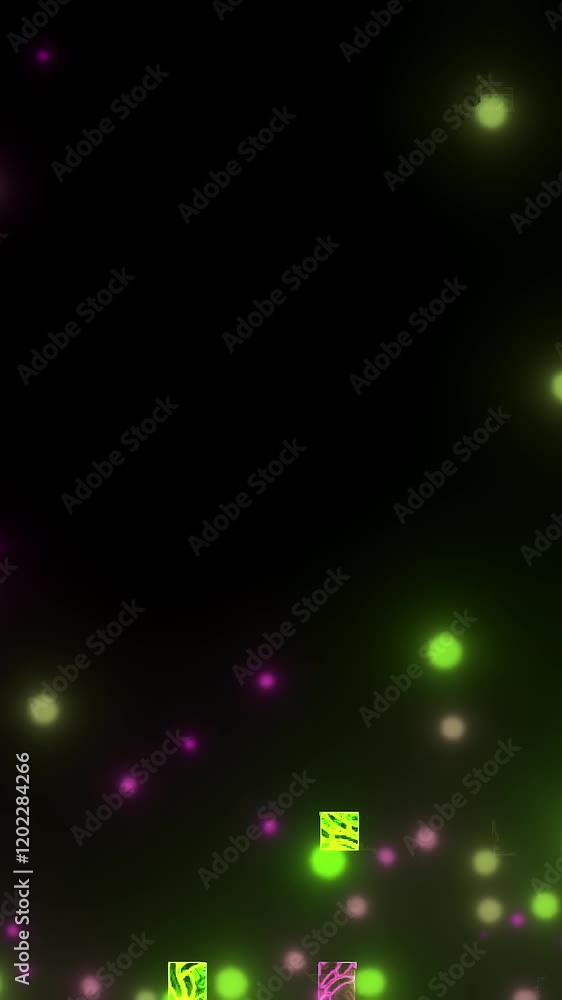 Poster vertical video animation with vibrant abstract design with glowing neon green and pink particles flo