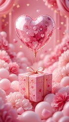 Pink heart-shaped balloon floating above a decorated gift box in a romantic and festive setting
