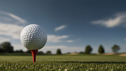 Golf ball on a tee, surrounded by lush greens and a distant hole. The clear sky enhances the calm, focused vibe of this peaceful golf course setting