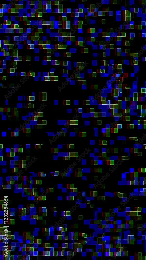 Poster vertical video with dynamic abstract glitch art featuring colorful squares in blue, green, and red t