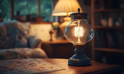 Illuminated Glass Lamp on a Wooden Table in a Cozy Room with Soft Lighting