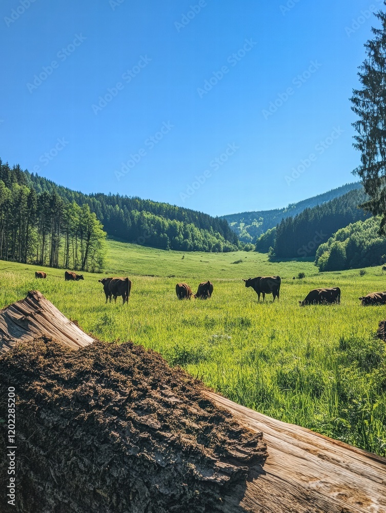 Poster cows grazing peacefully in a sunny meadow surrounded by hills and trees during a clear day. generati