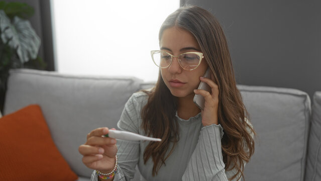 Woman talking on phone while reading thermometer in modern living room showcases concern and focus in a cozy home environment, emphasizing indoor comfort and technology use.