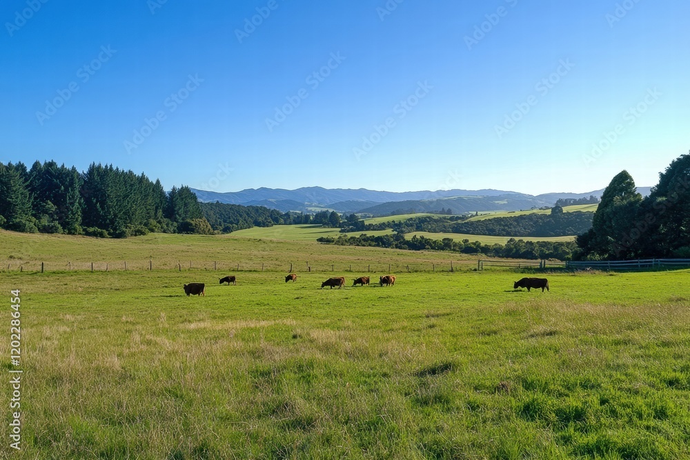 Aufkleber cows grazing in a lush green meadow during bright daylight in a serene countryside setting. generati