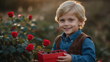cute boy holding a bouquet of red roses, congratulations, birthday, valentine's day