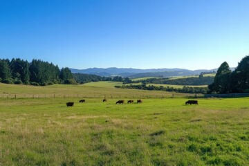 Fototapeta premium Cows grazing in a lush green meadow during bright daylight in a serene countryside setting. Generative AI