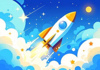  a rocket taking off, set against a blue sky with white clouds