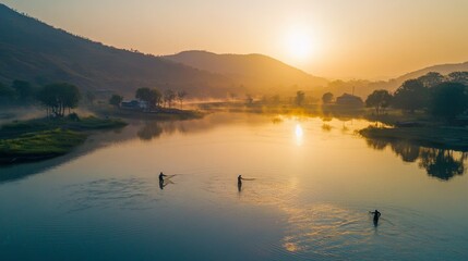 Fototapeta premium Golden Sunrise Over Calm Lake With Fishermen