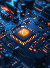 Fototapeta premium Hightech Circuit Board with Glowing Microchip and Blue Connections :