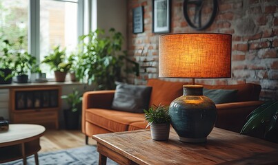 Cozy living room with warm lighting and plants creates a peaceful atmosphere