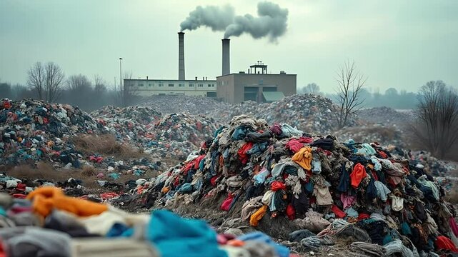 Textile Waste Pile with Industrial Factory in Background
