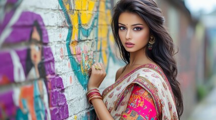Fototapeta premium A stylish Indian woman in a colorful saree poses against a vibrant graffiti wall, showcasing traditional attire and modern beauty