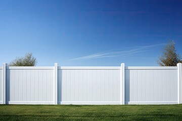 Modern White Vinyl Fence for Your Yard - Picket Fence Design with Blue Sky and Lush Green Grass