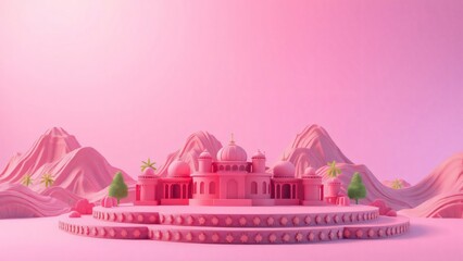 Pink Paradise A Serene 3D Render of a Mosque in a Dreamlike Landscape