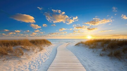 Sunset beach boardwalk path, tranquil ocean view, summer vacation escape
