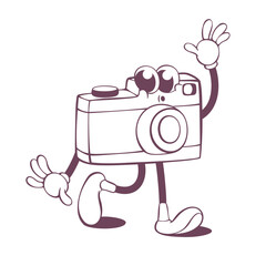 Retro groovy camera line art mascot, funky 70s character