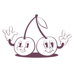 Retro groovy cherry line art mascot, funky 70s character