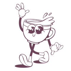 Retro groovy cup line art mascot, funky 70s character