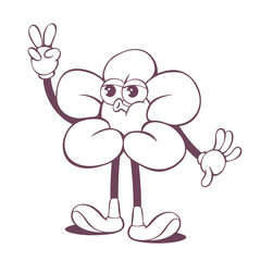 Retro groovy flower line art mascot, funky 70s character
