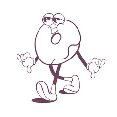 Retro groovy donut line art mascot, funky 70s character