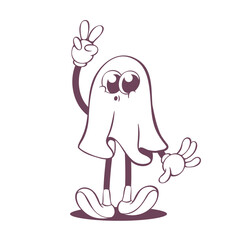 Retro groovy ghost line art mascot, funky 70s character