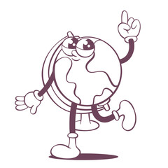 Retro groovy globe line art mascot, funky 70s character