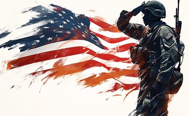 Double exposure illustration of an American flag and a soldier saluting, set against a white background