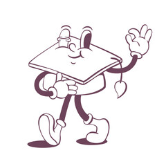 Retro groovy graduation cap line art mascot, funky 70s character