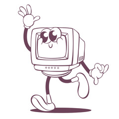 Retro groovy computer line art mascot, funky 70s character