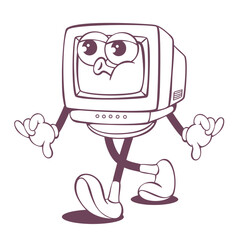 Retro groovy computer line art mascot, funky 70s character