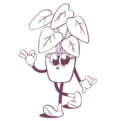 Retro groovy plant line art mascot, funky 70s character
