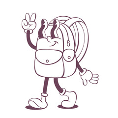 Retro groovy backpack line art mascot, funky 70s character