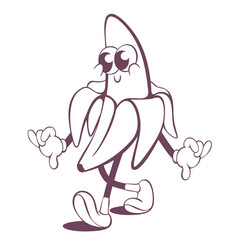 Retro groovy banana line art mascot, funky 70s character